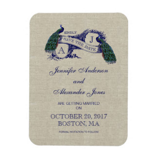 Linen Blue Peacock Save the Date Magnet