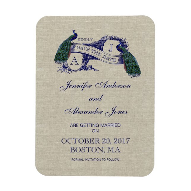 Linen Blue Peacock Save the Date Magnet (Vertical)