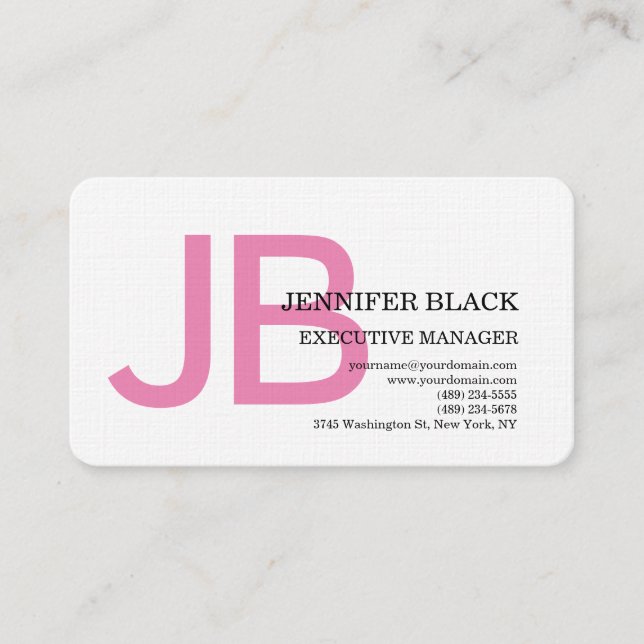 Linen Bold Monogram Pink White Modern Plain Business Card (Front)