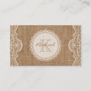 Linen Burlap White Lace Monogram Personal Contact Business Card