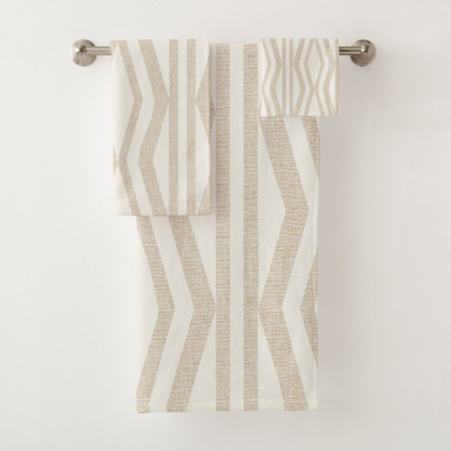 Linen Cream Beige Geometric Bath Towel Set (Insitu)