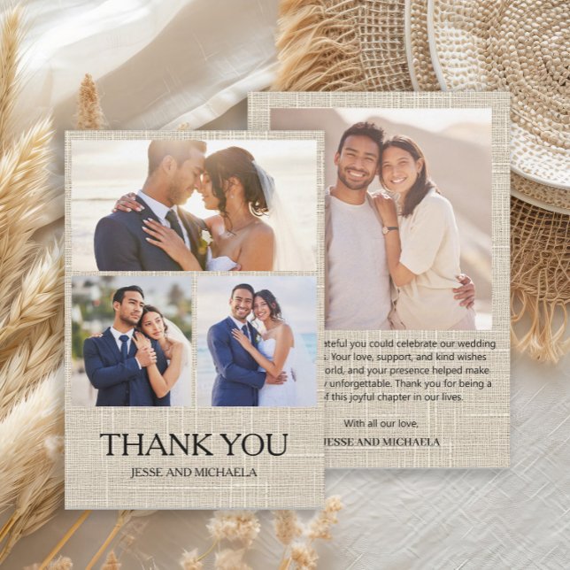 Linen Design Wedding 4 Photo Collage Thank You Card (Linen 4-photo collage wedding Thank You card)