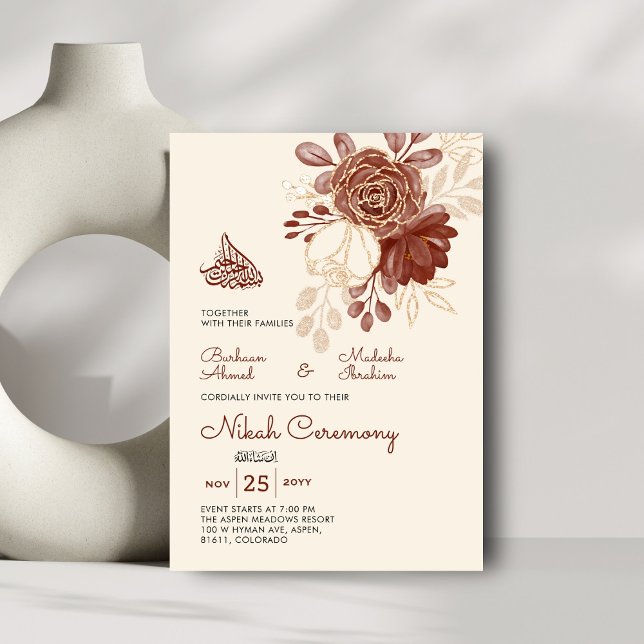Linen gold glitter watercolor floral Islamic Nikah Invitation (Creator Uploaded)