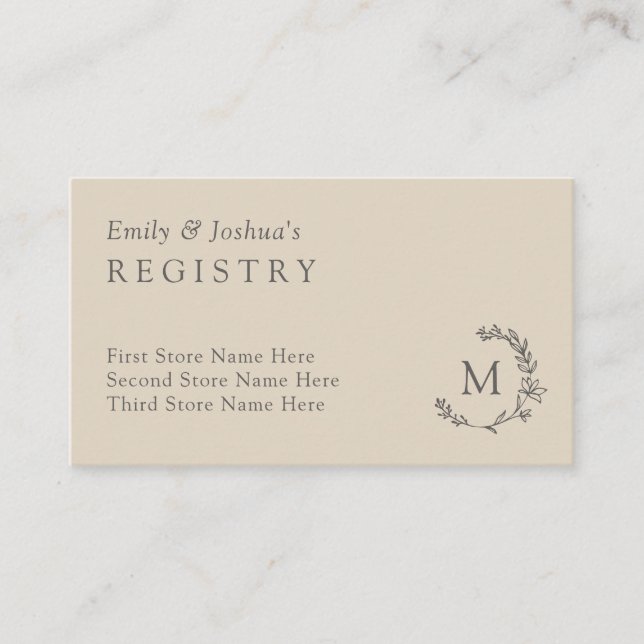Linen & Grey Floral Wreath Monogram Registry Enclosure Card (Front)