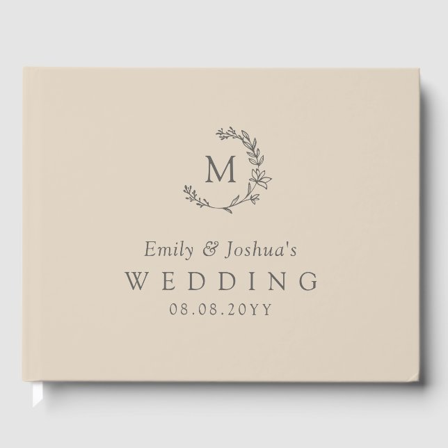  Linen & Grey Hand-Drawn Floral Wreath Wedding Guest Book (Front)