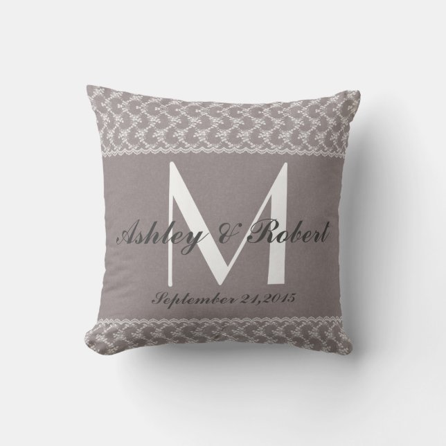 Linen Lace Grey White Monogram Wedding Keepsake Throw Pillow (Front)