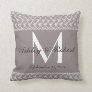 Linen Lace Grey White Monogram Wedding Keepsake Throw Pillow