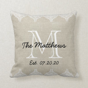 Linen Lace Look Custom Monogram Throw Pillow