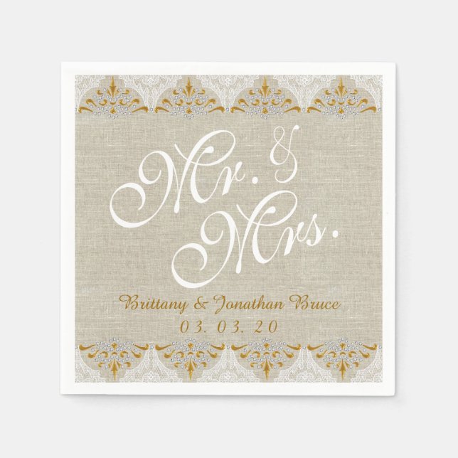 Linen Lace Mr. Mrs. Rustic Wedding Paper Napkins (Front)