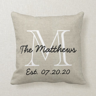 Linen Look Custom Family Monogram Throw Pillow