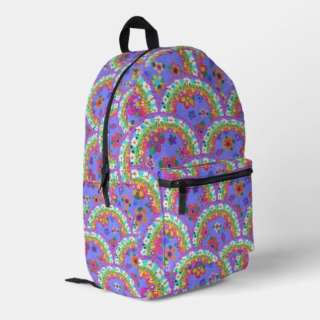 Linen Look Flower Rainbows Boho Beautiful Printed Backpack (Back Corner Left)