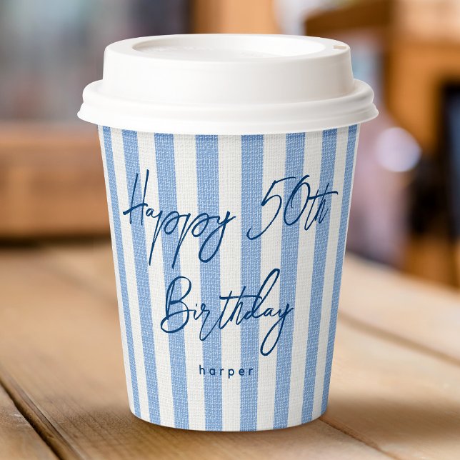 Linen Look Striped Celebration Birthday 50th Blue Paper Cups (Creator Uploaded)