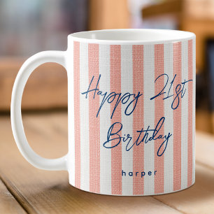 Linen Look Striped Happy Birthday 21st Coral Coffee Mug