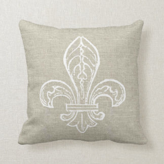 Linen Look with White Fleur de Lis Pillow