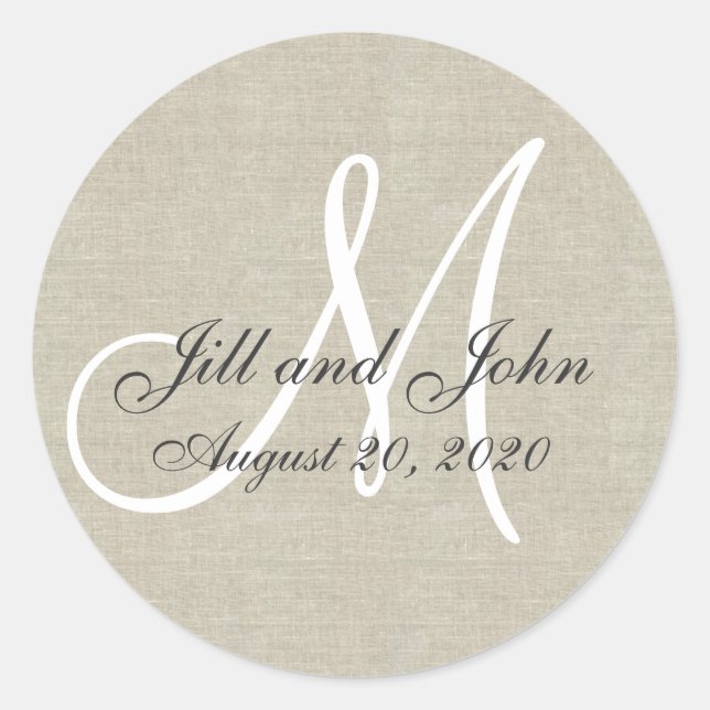 Linen Monogram Wedding Favour Sticker (Front)