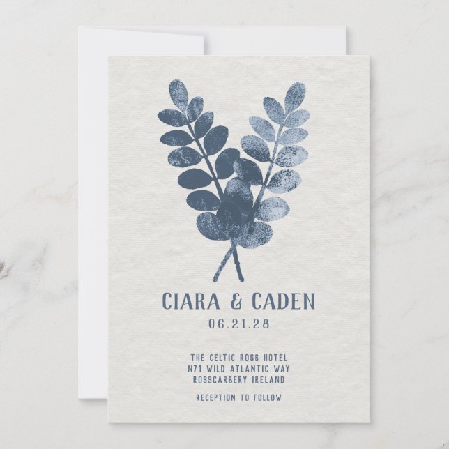 Linen Palms Navy Wedding Invitation (Front)