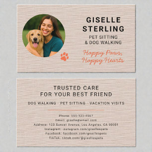 Linen Pet Sitting Photo Paw Print Minimalist Business Card