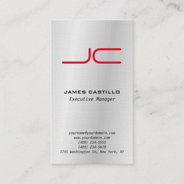 Linen Professional Modern Grey Red Monogram Business Card (Front)