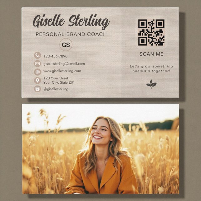Linen QR Code Photo Monogram Social Media  Business Card (Creator Uploaded)
