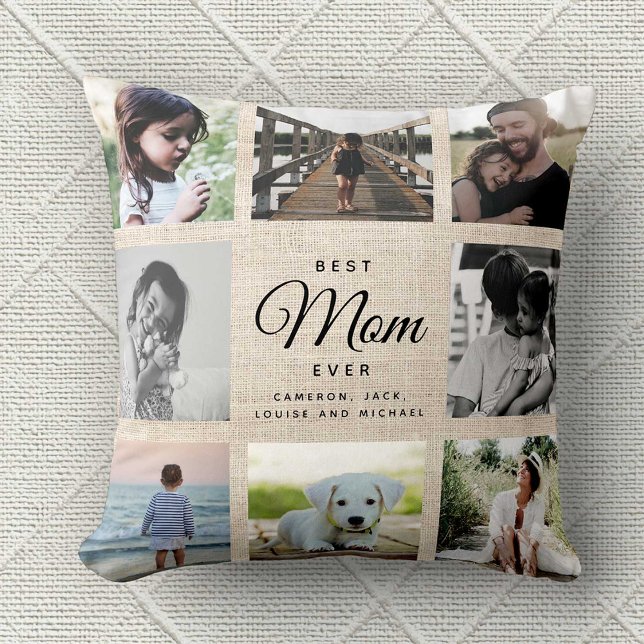 Linen Rustic Mother's Day Mom Family Photo Collage Throw Pillow (Creator Uploaded)