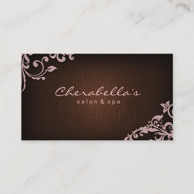Linen Salon Spa Floral Business Card Brown Pink (Front)