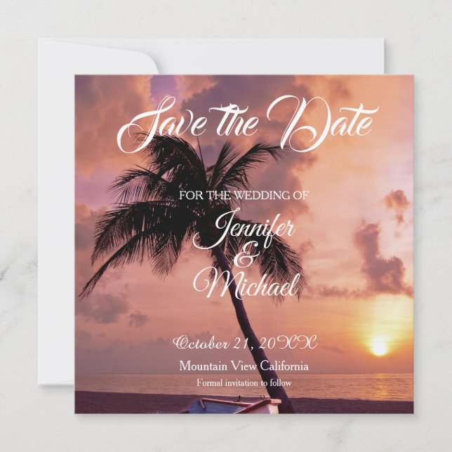 Linen Save the Date Wedding Palm Trees Exotic (Front)