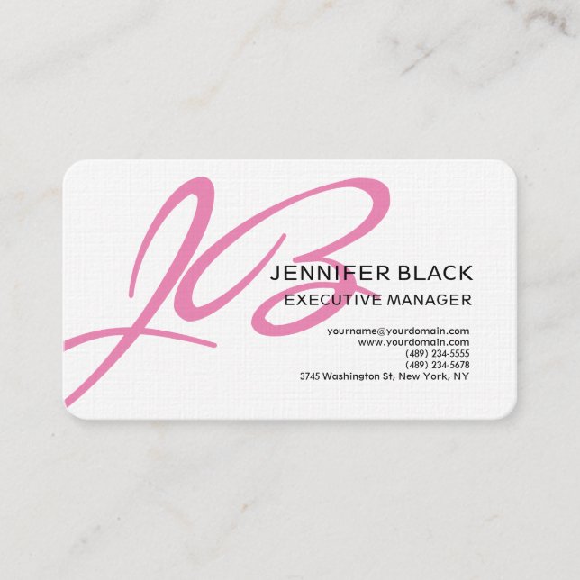 Linen Script Monogram Pink White Modern Plain Business Card (Front)