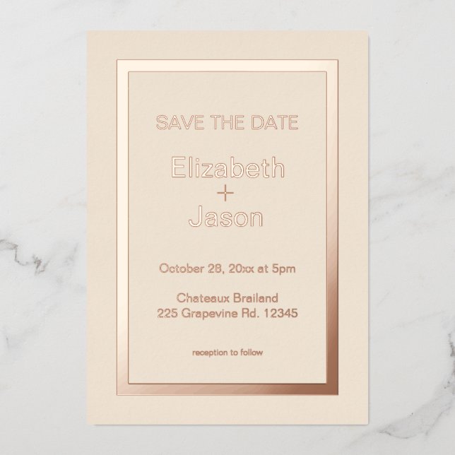 Linen simple wedding save the date rose gold  (Front)