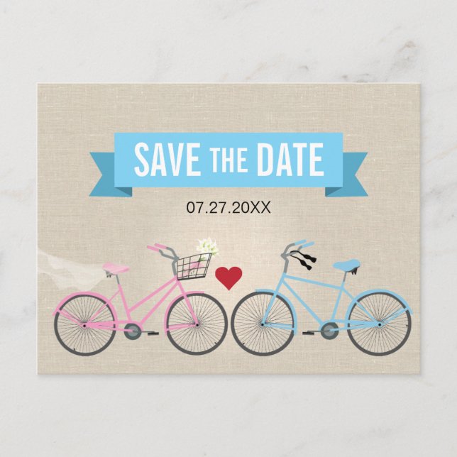 Linen Style Bicycle Wedding Save the Date Announcement Postcard (Front)