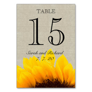 Linen Sunflower Rustic Wedding Table Number Card