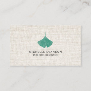 Linen Teal Green Ginkgo Leaf Elegant Business Card