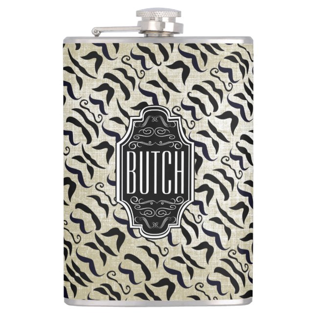 Linen Texture Background on a Personalized Mustach Hip Flask (Front)