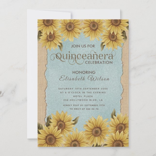 Linen vintage sunflower blue Quinceañera Invitation (Front)