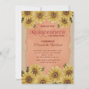 Linen vintage sunflower orange Quinceañera Invitation