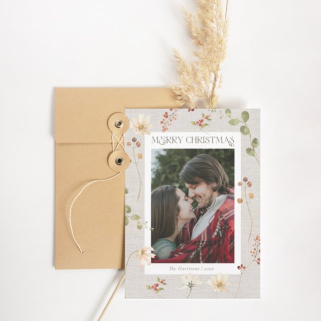 Linen Watercolor Floral Merry Christmas Holiday Card (Creator Uploaded)