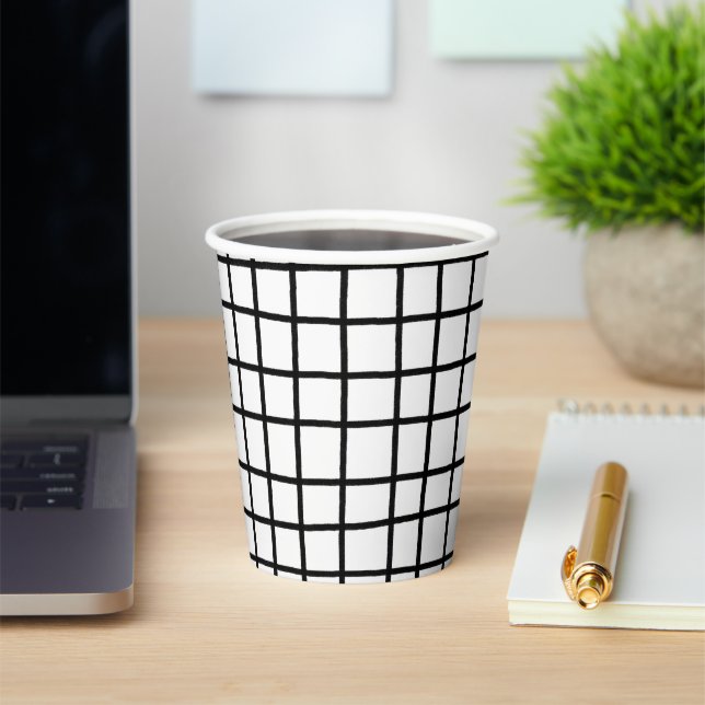 Lines Grid Hand-Drawn Rustic Whimsical Black White Paper Cups (Insitu)