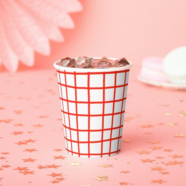 Lines Grid Hand-Drawn Rustic Whimsical White Red Paper Cups (Insitu)