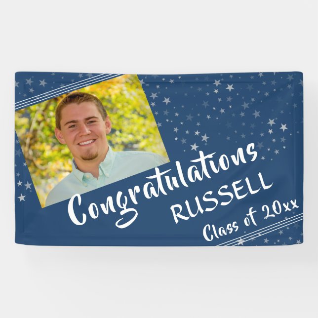 Lines & Stars | Editable Blue | Photo Graduation Banner (Horizontal)