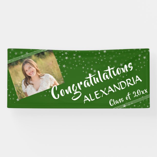 Lines & Stars | Editable Green | Photo Graduation Banner (Horizontal)