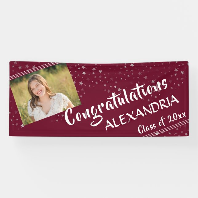 Lines & Stars | Editable Maroon | Photo Graduation Banner (Horizontal)
