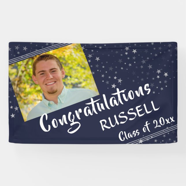 Lines & Stars | Navy Blue | Photo Graduation Banner (Horizontal)