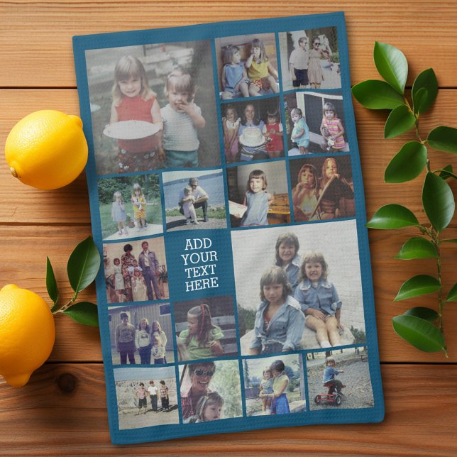Linge De Cuisine 17 Collage photo et texte - Peut éditer bleu (17 photos - Personalized Kitchen Towel with photos and text - Makes a great gift)