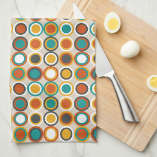 Linge De Cuisine 1970 Retro Circles Motif Orange Brown Turquoise