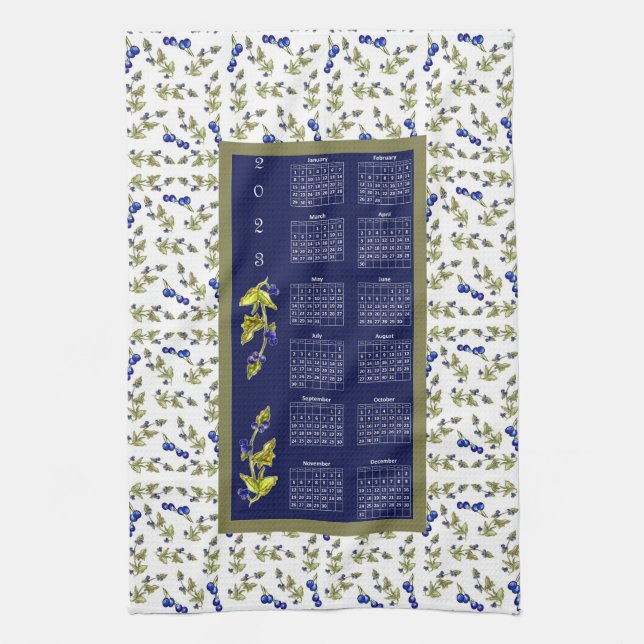 Linge De Cuisine 2023 Calendrier Blueberries Frontière Feuille Ence (Vertical)