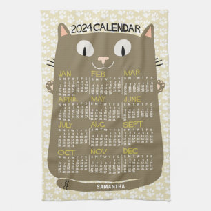 Linge De Cuisine 2024 Année Calendrier mensuel Mi-Siècle Brown Chat