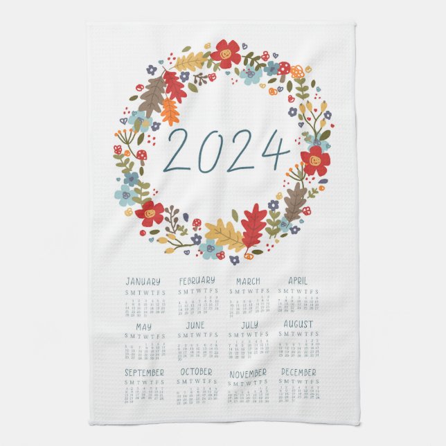 Linge De Cuisine 2024 Tea Towel Calendar Fall Wreath Wall Art Decor (Vertical)