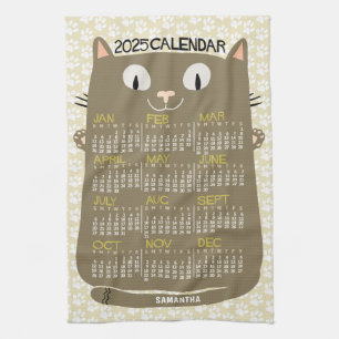 Linge De Cuisine 2025 Année Calendrier mensuel Mi-Siècle Brown Chat