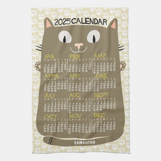 Linge De Cuisine 2025 Année Calendrier mensuel Mi-Siècle Brown Chat (Vertical)