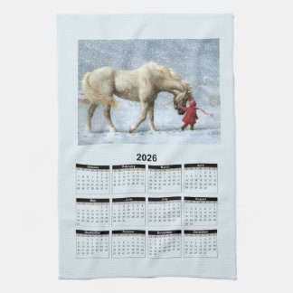 Linge De Cuisine 2026 Calendar of a Horse and Girl in Winter Snow