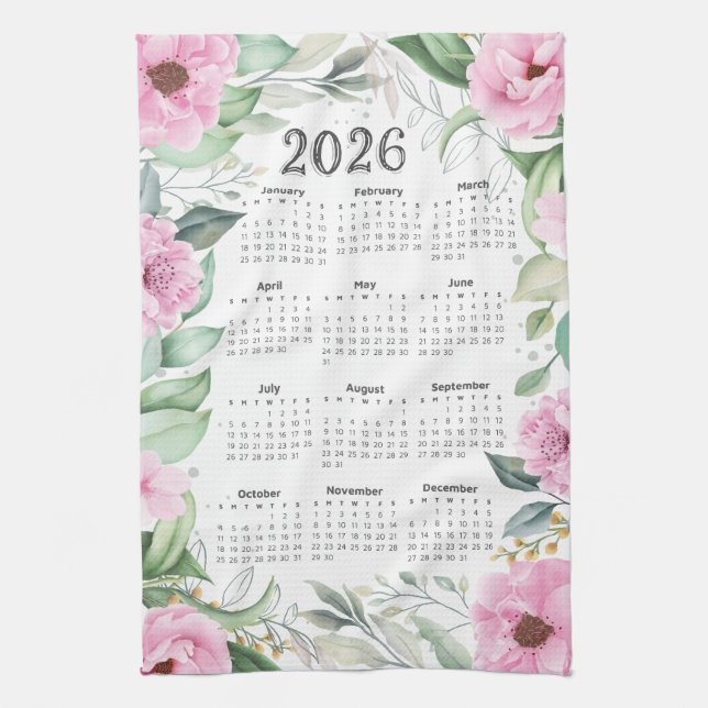 Linge De Cuisine 2026 Calendrier Aquarelle Eucalyptus rose Floral (Vertical)